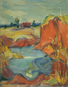 Werkverzeichnis Nr. 209, um 1950, Flache Landschaft mit Haus und Regenbogen,  Öl auf Karton, 29,7 x 36,4 cm,
						Rückseite von Werkverzeichnis Nr. 221, um 1964, Sonnenblumen vor braunem Grund						
