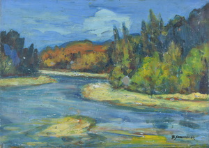 Werkverzeichnis Nr. 208, 1964, Isar,  Öl auf Karton, 41,5 x 57,9 cm