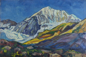 Werkverzeichnis Nr. 214, um 1964, Berglandschaft, Öl auf Karton, 40,3 x 61,5 cm
