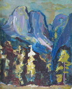 Werkverzeichnis Nr. 215, um 1964, Bergspitzen, Öl auf Karton, 50,1 x 40,8 cm