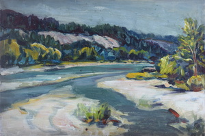Werkverzeichnis Nr. 225, um 1964, Isar, Öl auf Karton, 40,5 x 60,5 cm,
						Rückseite von Werkverzeichnis Nr. 224, um 1964, Fliederstrauß