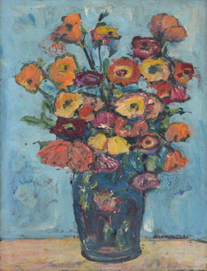 Werkverzeichnis Nr. 223, um 1964, Blumenstrauß vor hellblauer Wand, Öl auf Karton, 59,5 x 45,0 cm 