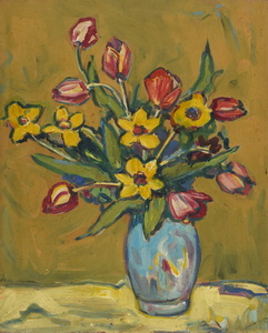 Werkverzeichnis Nr. 220, um 1964, Blumenstrauß in hellblauer Vase,  Öl auf Hartfaser, 64,5 x 51,8 cm