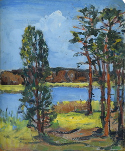 Werkverzeichnis Nr. 228, um 1964, Bäume an einem Gewässer, Öl auf Karton, 45,8 x 38,2 cm,
						Rückseite bemalt mit Werkverzeichnis Nr. 1072, um 1977, Tisch mit Stuhl und Zitronenstillleben, um 1977