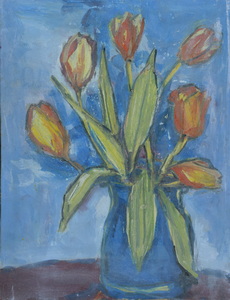 Werkverzeichnis Nr. 219, um 1964, Tulpen in blauer Vase,  Öl auf Karton, 48,0 x 36,9 cm