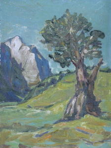 Werkverzeichnis Nr. 218, um 1964, Tulpen in blauer Vase,  Öl auf Karton, 48,0 x 36,9 cm