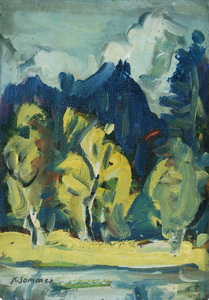 Werkverzeichnis Nr. 230,  1965, Bäume vor Bergsilhouetten, Öl auf Karton, 38,3 x 26,9 cm