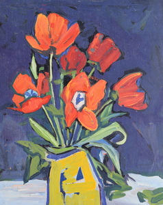 Werkverzeichnis Nr. 263, um 1965, Tulpen in gelber vase, Öl auf Karton, 59,0 x 47,0 cm,
						Ausstellung:, Konrad Sommer und der Falter auf der Nase, Zitadelle Berlin Spandau, Berin 2021,
						Publikation: Ausstellungskatalog: Konrad Sommer und der Falter auf der Nase, Berlin 2021, Abb.19, Text S. 23