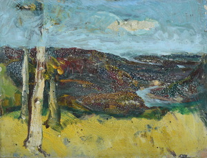 Werkverzeichnis Nr. 233, um 1965, Landschaftsskizze mit Fluss, Öl auf Karton, 60,0 x 50,4 cm