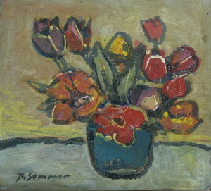 Werkverzeichnis Nr. 265, um 1965, Tulpenstillleben, Öl auf Holz, 29,0 x 32,0 cm