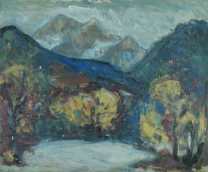 Werkverzeichnis Nr. 234, 1965, Gebirgssee mit Bäumen, Öl auf Karton, 37,1 x 44,8 cm	