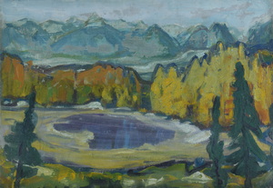 Werkverzeichnis Nr. 235, um 1965, Kleiner Gebirgssee, Öl auf Karton, 40,2 x 58,4 cm 