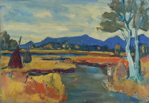 Werkverzeichnis Nr. 236, um 1965, Voralpenlandschaft mit Heuhocken, Öl auf Karton, 40,3 x 59,0 cm