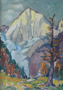 erkverzeichnis Nr. 240, um 1965, Berg mit Baum, Öl auf Karton, 40,4 x 56,8 cm,
						Rückseite bemalt mit Werkverzeichnis Nr. 981, um 1976, Bergmassiv an einem See mit rotem Baum