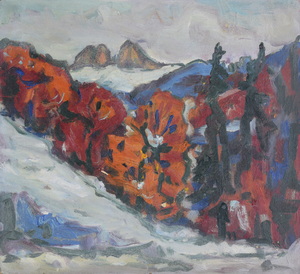 Werkverzeichnis Nr. 243, um 1965, Watzmann mit Bäumen und Tannen, Öl auf Hartfaser, 51,5 x 55,7 cm	