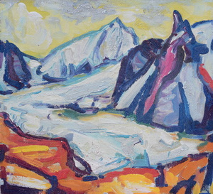 Werkverzeichnis Nr.244, um 1965, Gletscher im Gebirge, Öl auf Karton, 53,8 x 57,8 cm 
