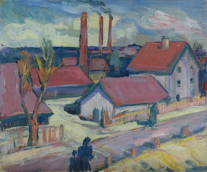 Werkverzeichnis Nr. 245, um 1965, Industriegebäude, Öl auf Karton, 56,0 x 55,6 cm