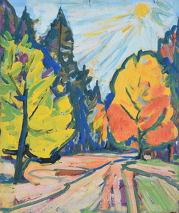 Werkverzeichnis Nr. 246, um 1965, Weg im Wald, Öl auf Hartfaser, 56,3 x 67,5 cm