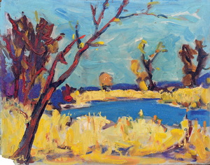 Werkverzeichnis Nr. 248, um 1965, Weiher mit Bäumen, Öl auf Hartfaser, 56,5 x 71,0 cm