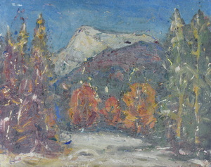 Werkverzeichnis Nr. 250, um 1965, Berg mit Bäumen, Öl auf Karton, 56,6 x 71,2 cm,
						Rückseite von Werkverzeichnis Nr. 720  um 1973, Dachauer Moos 