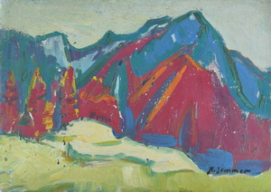 Werkverzeichnis Nr. 252, um 1965, Berge in Rot und Grün, Öl auf Karton, 40,0 x 57,0 cm,
						Rückseite bemalt mit Werkverzeichnis Nr. 100, um 1954, Früchtestillleben mit Annanas, Krug und Stuhl,
						bez. u.r.: K Sommer 
