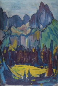 Werkverzeichnis Nr. 260, um 1965,  Berge, Öl auf Karton, 58,5 x 39,8 cm,
						Rückseite bemalt mit Werkverzeichnis Nr. 486, um 1972, Amper mit Bäumen