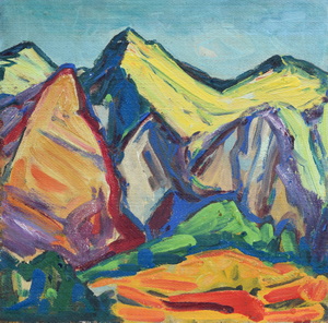 Werkverzeichnis Nr.257, um 1965,  Bergspitzen, Öl auf Hartfaser, 57,5 x 58,6 cm,
						Publikation: Martin von Ostrowski: Konrad Sommer, Rhythmische Landschaften, Berlin 2020, Text und Abbildung S.7 