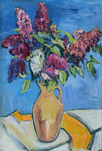 Werkverzeichnis Nr. 267 um 1965, Fliederstrauß, Öl auf Karton, 76,0 x 52,7 cm