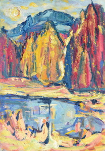 Werkverzeichnis Nr. 251, um 1965, Bergsee, Öl auf Karton, 57,0 x 39,5 cm,
						Rückseite bemalt mit Werkverzeichnis Nr. 1091, See, um 1978