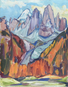 Werkverzeichnis Nr. 261, um 1965, Gebirgsbild, Öl auf Karton, 56,0 x 69,2 cm