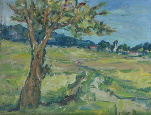 Werkverzeichnis Nr. 237, um 1965, Baum an einem Feldweg, Öl auf Karton, 37,7 x 49,0 cm