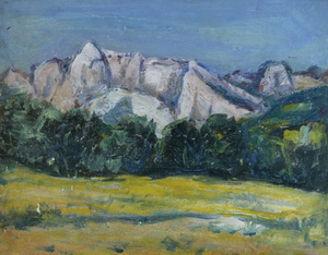 Werkverzeichnis Nr. 255, um 1965, Gebirgsmassiv, Öl auf Karton, 37,8 x 48,3 cm