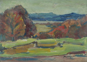 Werkverzeichnis Nr. 249, um 1965, Voralpenlandschaft mit See, Öl auf Karton, 38,1 x 53,0 cm