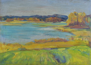 Werkverzeichnis Nr. 238, um 1965, See, Öl auf Karton, 40,4 x 56,5 cm,
						Rückseite bemalt mit Werkverzeichnis 239, See, um 1964