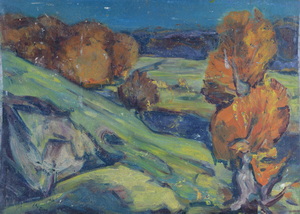 Werkverzeichnis Nr. 239, um 1965, Bäume an einem Hügel, Öl auf Karton, 40,4 x 56,5 cm,
						Rückseite bemalt mit Werkverzeichnis 238, See, um 1964