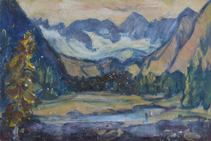 Werkverzeichnis Nr. 213, um 1964, Gebirgsmassiv mit See, Öl auf Karton, 40,5 x 59,3 cm