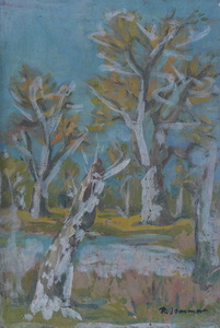 Werkverzeichnis Nr. 247, um 1965, Bäume an einem Weiher, Öl auf Karton, 40,6 x 60,3 cm