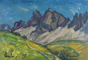 Werkverzeichnis Nr. 254, um 1965, Blick auf eine Bergkette, Öl auf Karton, 40,6 x 60,3 cm