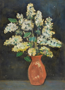 Werkverzeichnis Nr. 266 um 1965, Weißer Fliederstrauß vor schwarzer Wand, Öl auf Karton, 57,3 x 41,8 cm