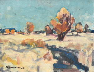 Werkverzeichnis Nr. 268, 1966, Winterliche Mooslandschaft mit Bach und Bäumen,  Öl auf Karton, 23,7 x 30,6 cm  