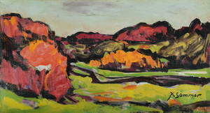 Werkverzeichnis Nr. 270,um 1966, Mühltal bei Starnberg,  Öl auf Hartfaser, 18,0 x 33,4 cm,
						Ausstellung: Konrad Sommer und der Falter auf der Nase, Zitadelle Berlin Spandau, Berin 2021,
						Publikation:Ausstellungskatalog: Konrad Sommer und der Falter auf der Nase, Berlin 2021, Abb.14, Text S. 18-22	 