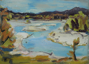 Werkverzeichnis Nr. 279, um 1966, Isar mit Sankbänken, Öl auf Karton, 22,4 x 31,5 cm