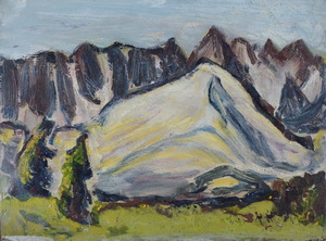 Werkverzeichnis Nr. 281, um 1966, Bergspitzen, Öl auf Karton, 29,8 x 40,1 cm