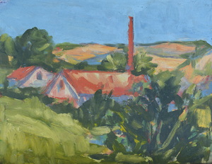 Werkverzeichnis Nr. 282, um 1966, Häuser mit Schornstein, Öl auf Karton, 37,4 x 48,4 cm