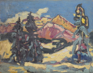 Werkverzeichnis Nr. 283, um 1966, Berge, Öl auf Karton, 37,8 x 49,0 cm