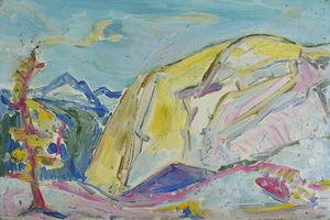 Werkverzeichnis Nr. 286, um 1966, Berg mit Baum, Öl auf Karton, 40,3 x 60,5 cm