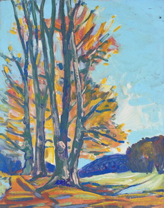 Werkverzeichnis Nr. 287, um 1966, Bäume im Feld, Öl auf Hartfaser, 56,0 x 72,0 cm