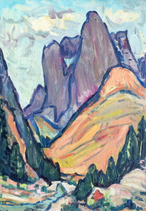 Werkverzeichnis Nr. 290, um 1966, Gebirgsbach mit Berg, Öl auf Karton, 78,3 x 55,7 cm