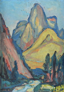 Werkverzeichnis Nr. 329, um 1967,  Gebirgsbach mit Berg, Öl auf Karton, 57,5 x 39,9 cm
