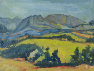 Werkverzeichnis Nr. 272, um 1966, Blick auf die Alpen, Öl auf Karton, 37,7 x 48,4 cm